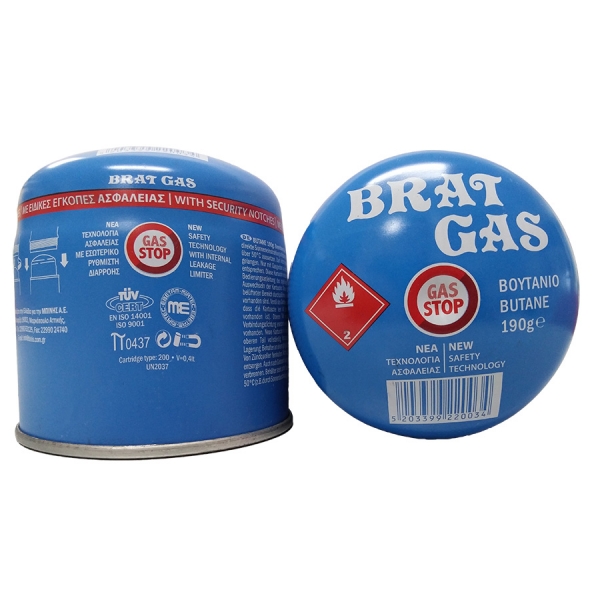 Φιαλίδια βουτανίου &quot;Brat Gas&quot; με &quot;Gas Stop&quot; 190 gr